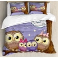thumbnail image 1 of Ambesonne Bird Duvet Cover Sets, Cartoon Style Owl Family, 2-King, Lavender and Brown, 1 of 7