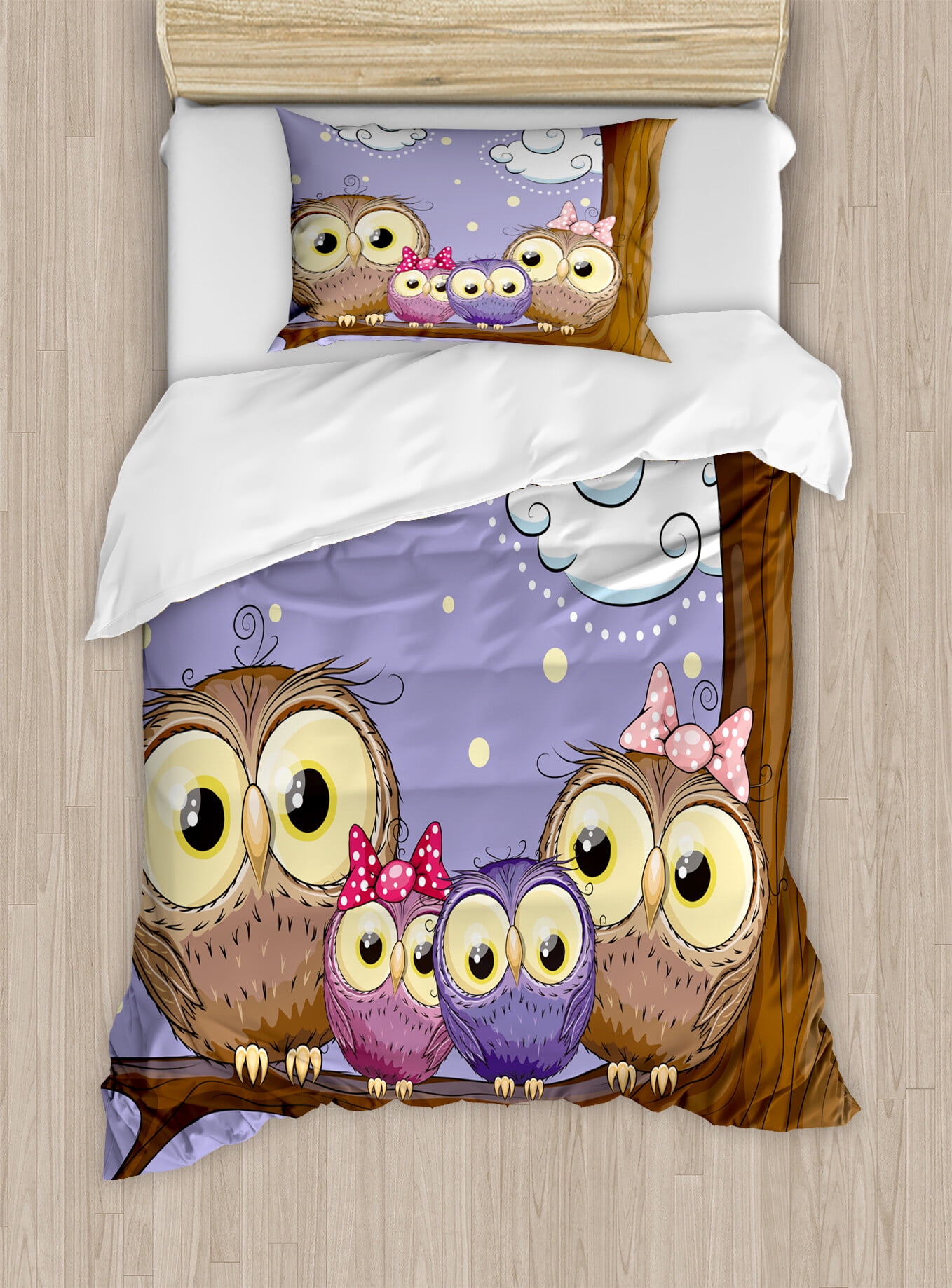 Ambesonne Bird Duvet Cover Sets, Cartoon Style Owl Family, 2Twin