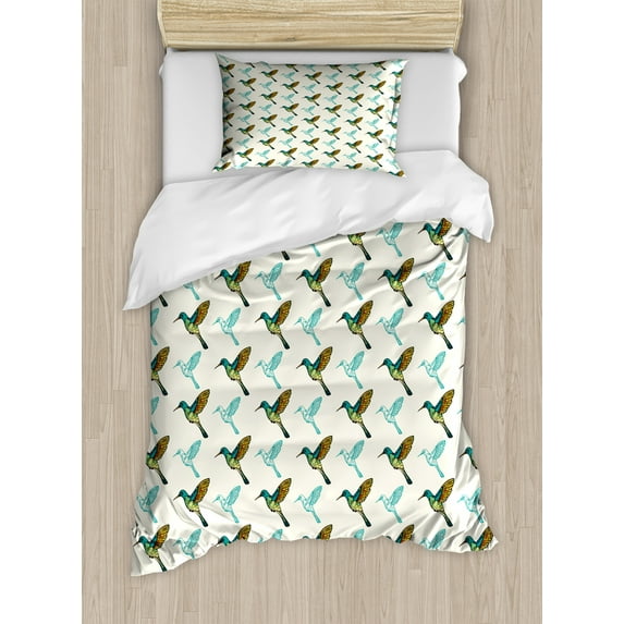 Ambesonne Bird Duvet Cover Sets, Colorful Hummingbirds, 2-Twin, Ivory Dark Seafoam