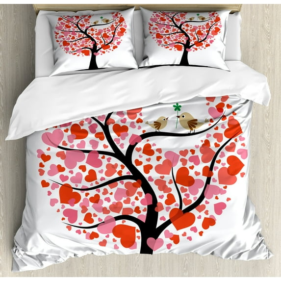 Ambesonne Bird Duvet Cover Sets, Nature Flirting Birds, 2-King, Red White Black