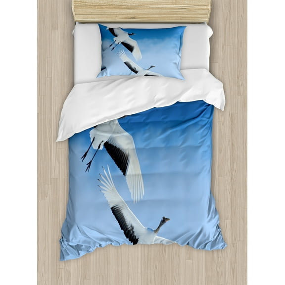 Ambesonne Bird Duvet Cover Sets, Red Crowned Cranes Japan, 2-Twin, Blue White Black