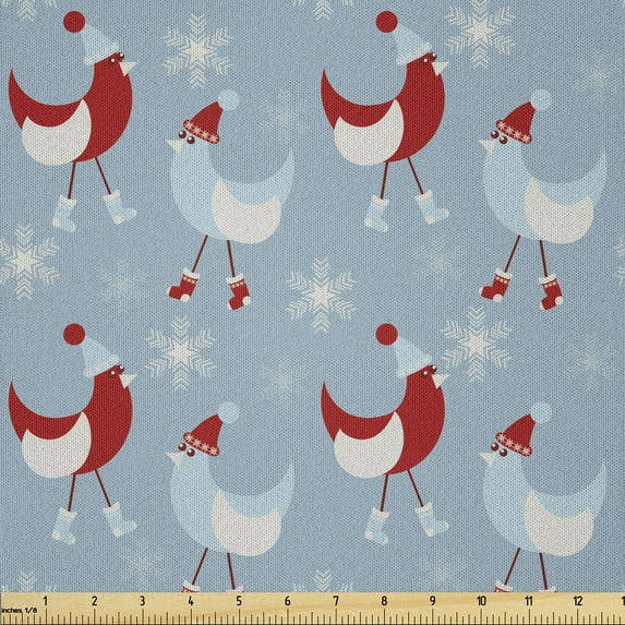 Ambesonne Bird Fabric by the Yard Microfiber, Animals with Santa Hats Art, 3 Yards, Pale Blue Grey Raspberry