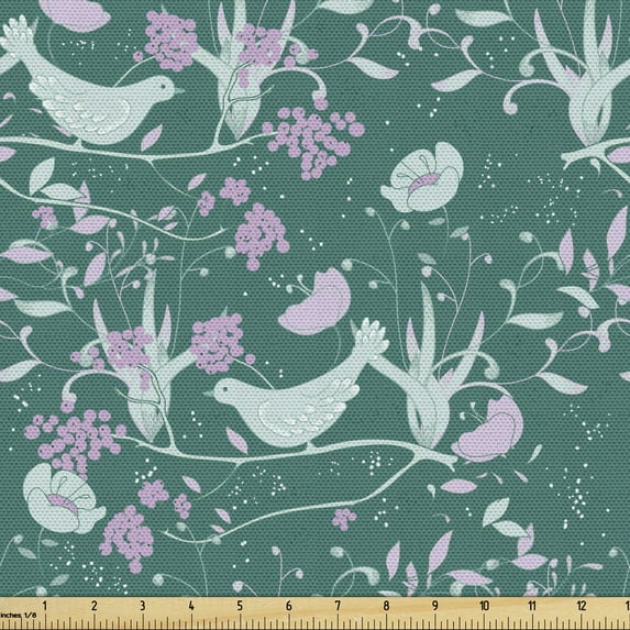 Ambesonne Bird Fabric by the Yard Upholstery, Valentines Birds Floral Art, 5 Yards, Hunter Green Mint Green