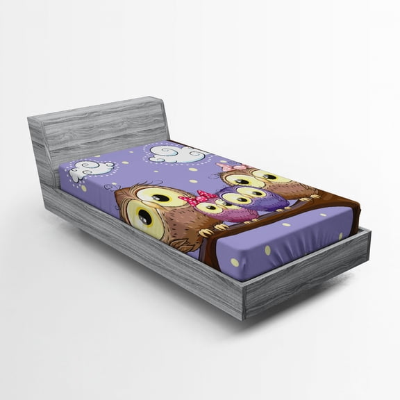 Ambesonne Bird Fitted Sheet, Cartoon Style Owl Family, Twin Size, Lavender and Brown