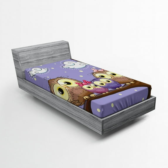 Ambesonne Bird Fitted Sheet, Cartoon Style Owl Family, Twin XL Size, Lavender and Brown