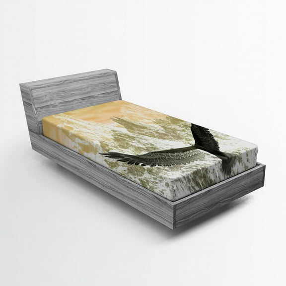 Ambesonne Bird Fitted Sheet, Eagle Flying Mountains, Twin XL Size, Orange Olive