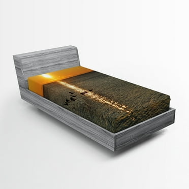 Ambesonne Bird Fitted Sheet, Geese Flying over Lake, Twin Size, Orange and Grey