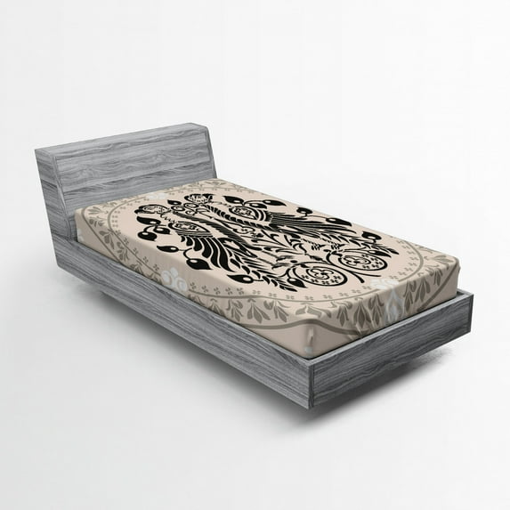 Ambesonne Bird Fitted Sheet, Heraldic Eagles, Twin Size, Tan Black White