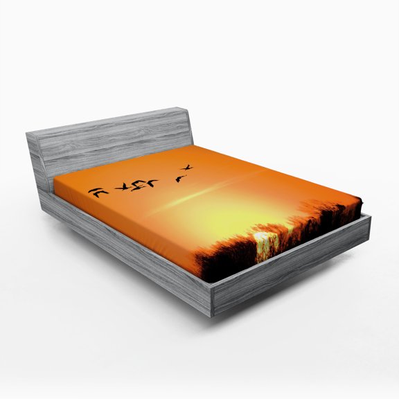 Ambesonne Bird Fitted Sheet, Migration Sunset Orange, Queen Size, Orange Black