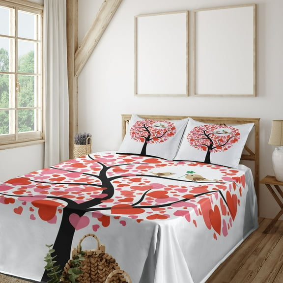 Ambesonne Bird Fitted & Top Sheet Set with Shams, Nature Flirting Birds, Red White Black