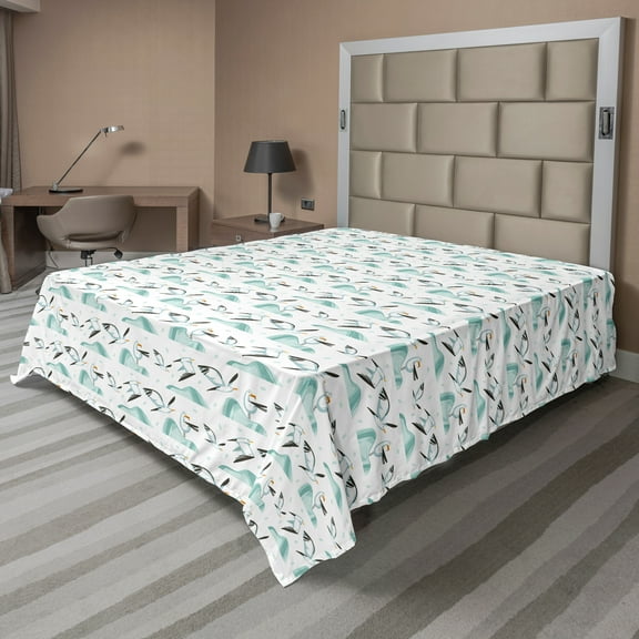 Ambesonne Bird Flat Sheet, Cartoon Seagulls over Waves, California King, Teal Olive Green