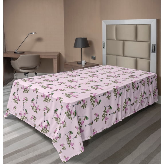 Ambesonne Bird Flat Sheet, Exotic Flying Animal Flowers, Twin Size, Pale Mauve Multicolor