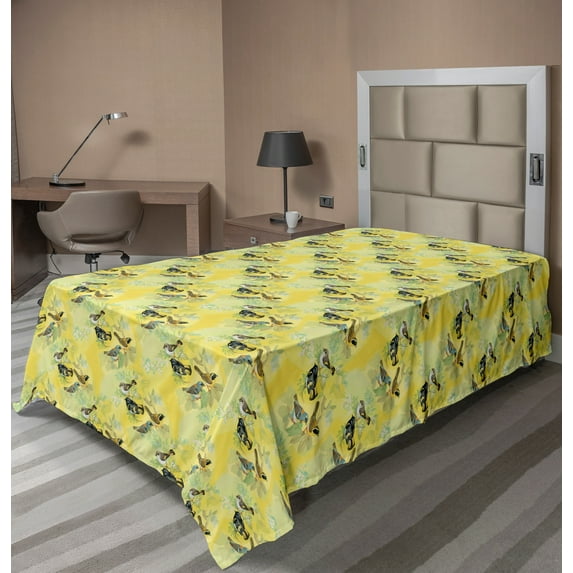 Ambesonne Bird Flat Sheet, Tiny Birds on Branches, TwinXL Size, Yellow and Multicolor