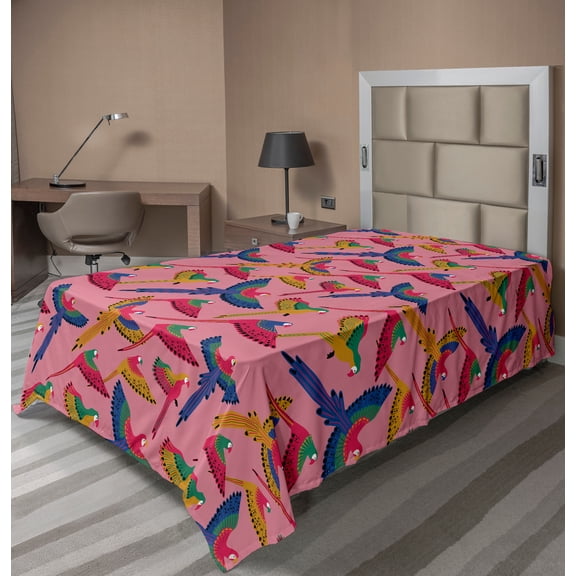 Ambesonne Bird Flat Sheet, Tropical Parrots Long Tails, Twin Size, Pastel Pink Multicolor