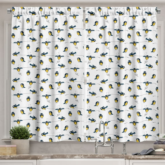 Ambesonne Bird Kitchen Curtains, Colorful Funny Flying Animals, 55"x24", Night Blue Earth Yellow