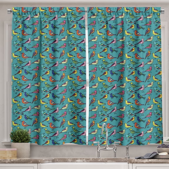 Ambesonne Bird Kitchen Curtains, Flying Animals with Ornaments, 55"x36", Cadet Blue and Multicolor
