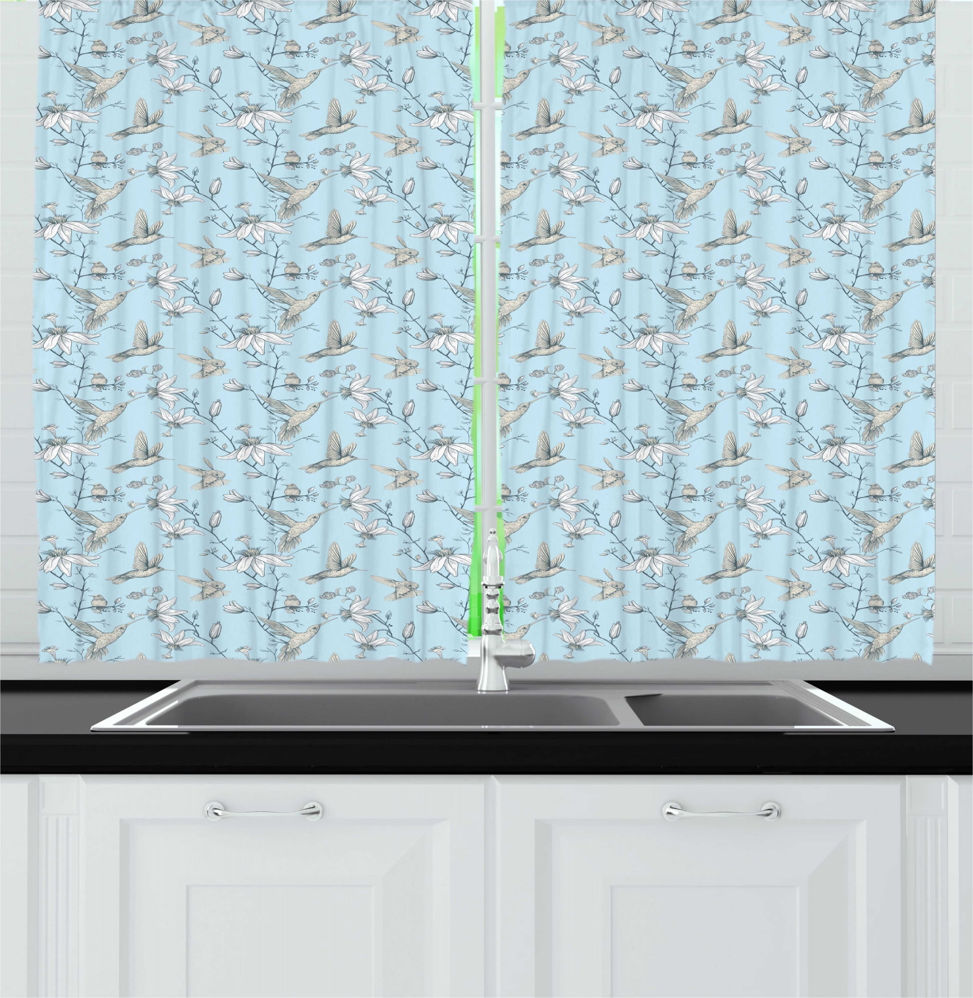 Ambesonne Bird Kitchen Curtains, Hummingbirds Classy Drawing, 55"x45