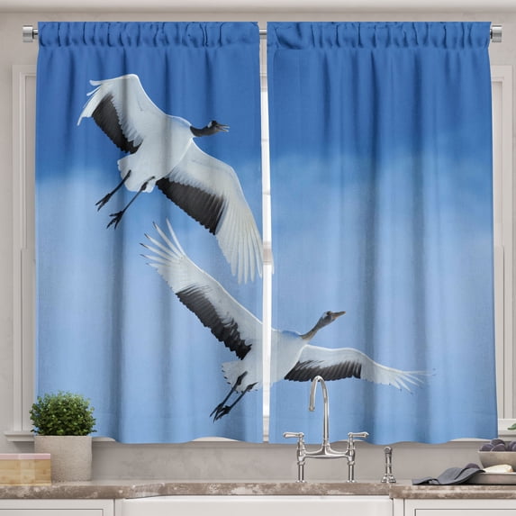 Ambesonne Bird Kitchen Curtains, Red Crowned Cranes Japan, 55"x45", Blue White Black