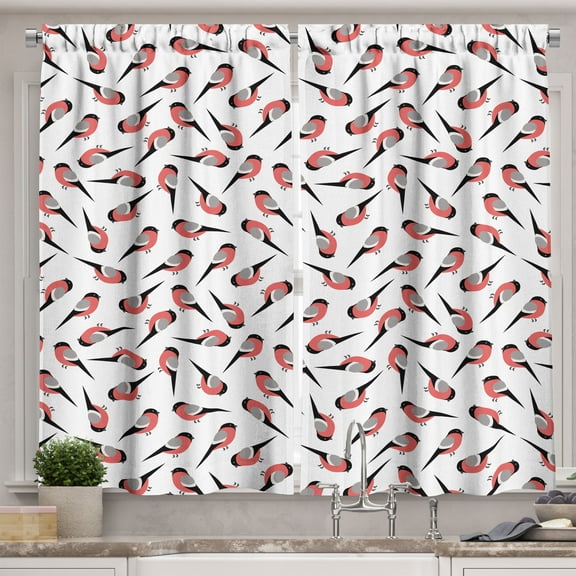 Ambesonne Bird Kitchen Curtains, Repeating Bullfinches Pattern, 55"x24", Coral and Charcoal Grey
