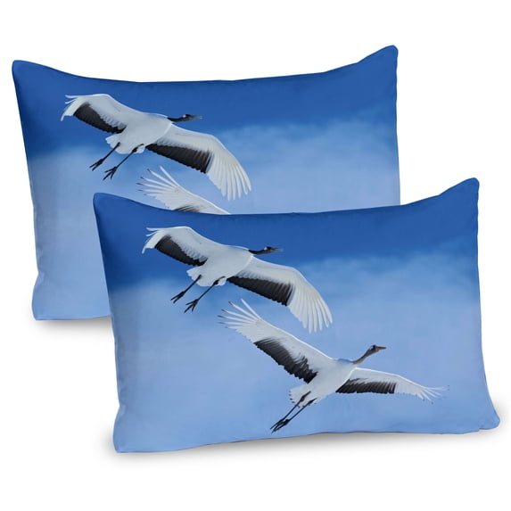 Ambesonne Bird Pillow Sham 2 Pack, Red Crowned Cranes Japan, 26"x20", Blue White Black