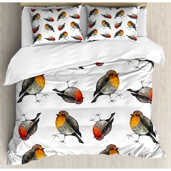 Ambesonne Bird Print Duvet Cover Sets, Robin Redbreast Paint, 2-King, Marigold Vermilion