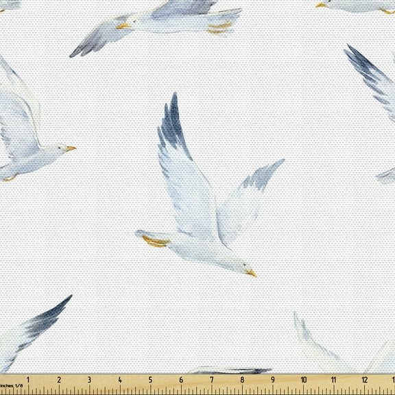 Ambesonne Bird Print Fabric by the Yard Upholstery, Art Watercolor Seagulls, 2 Yards, White and Soft Blue