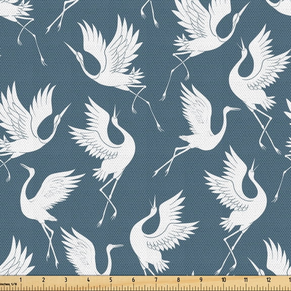 Ambesonne Bird Print Fabric by the Yard Upholstery, Retro Exotic Crane Asian, 1 Yard, Dark Cadet Blue and White