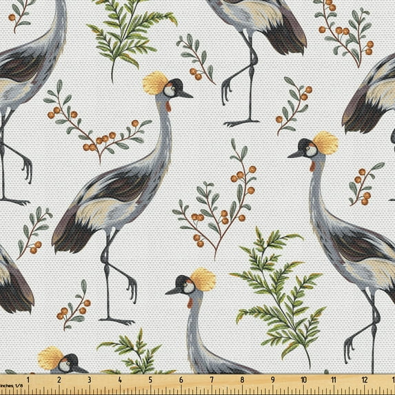 Ambesonne Bird Print Fabric by the Yard Upholstery, Vintage Wild Forest Art, 2 Yards, Off White and Pale Blue Grey