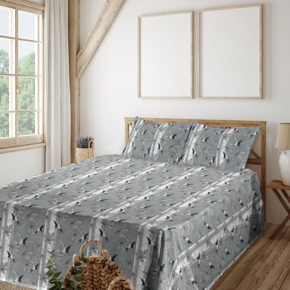 Ambesonne Bird Print Fitted & Flat Sheet with Shams 4 Pcs Set, Retro Art Forest Leaves, Queen, Grey Eggshell Dark Blue