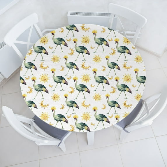 Ambesonne Bird Print Fitted Round Tablecloth, Boho Sun and Moon Print, 45"- 56" Diameter, Pale Earth Yellow Ivory