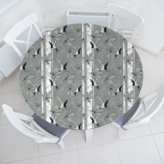 Ambesonne Bird Print Fitted Round Tablecloth, Retro Art Forest Leaves, 45"- 56" Diameter, Grey Eggshell Dark Blue