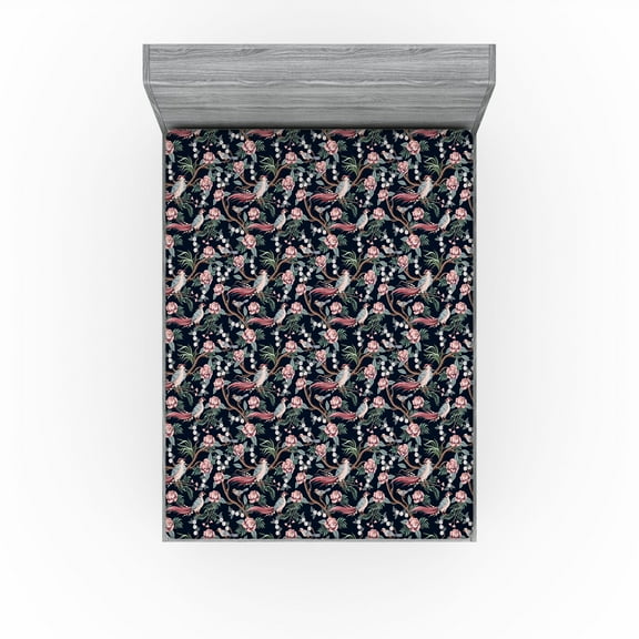 Ambesonne Bird Print Fitted Sheet, Art Forest Branch Floral, California King, Pale Pink Indigo