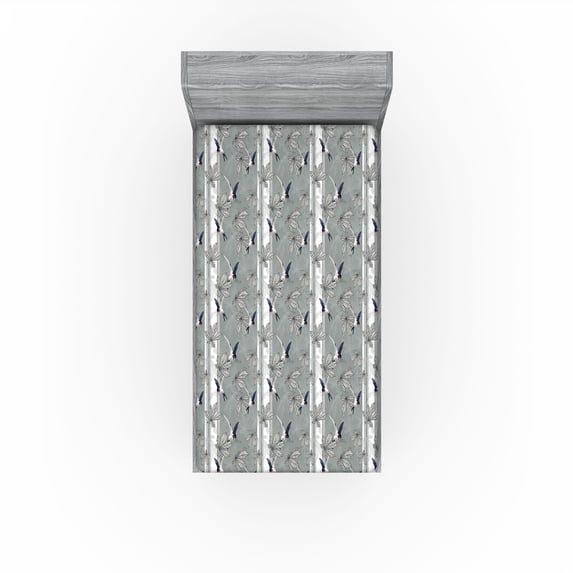 Ambesonne Bird Print Fitted Sheet, Retro Art Forest Leaves, Twin Size, Grey Eggshell Dark Blue