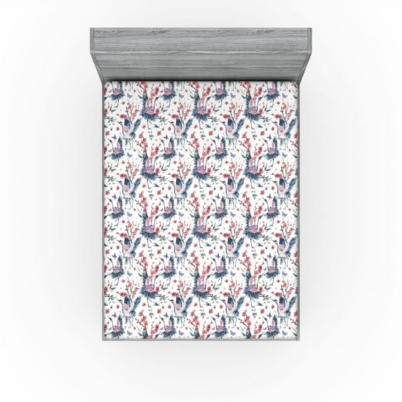 Ambesonne Bird Print Fitted Sheet, Retro Wild Floral Cranes, California King, Dark Pink and Slate Blue