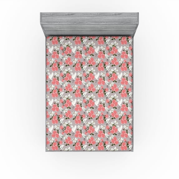 Ambesonne Bird Print Fitted Sheet, Romantic English Roses, Queen Size, Pale Mauve and Dried Rose