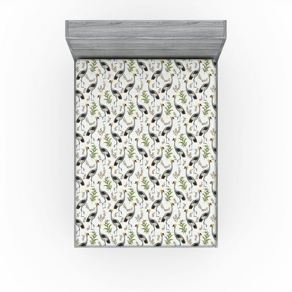 Ambesonne Bird Print Fitted Sheet, Vintage Wild Forest Art, Full Size, Off White and Pale Blue Grey