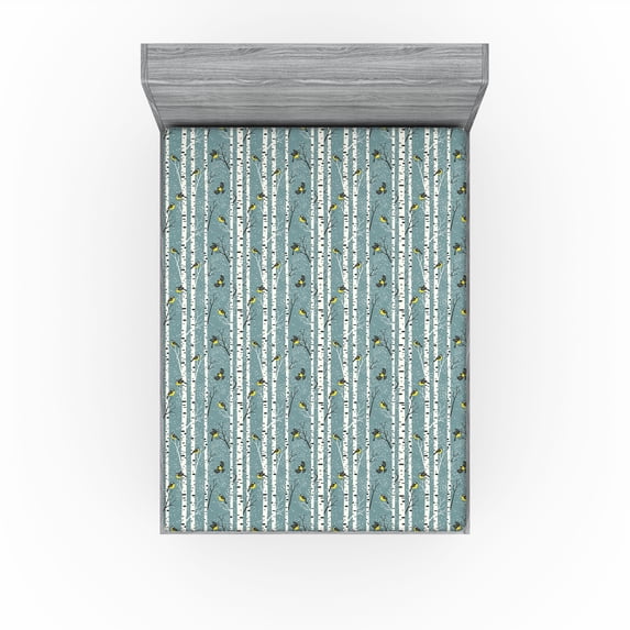 Ambesonne Bird Print Fitted Sheet, Winter Forest Snowy Art, Full Size, Cadet Blue Yellow and Grey