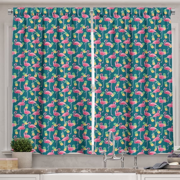 Ambesonne Bird Print Kitchen Curtains, Flamingos and Pineapples, 55"x45", Petrol Blue Multicolor