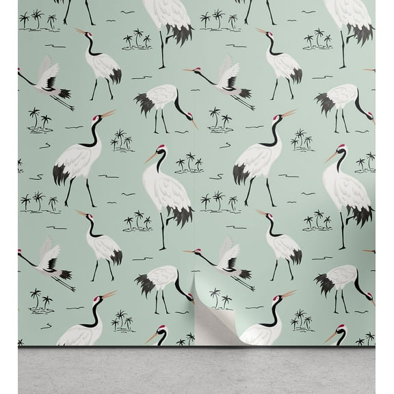 Ambesonne Bird Print Peel & Stick Wallpaper for Home, Cranes and Exotic Trees, 13"x72", Pale Blue White