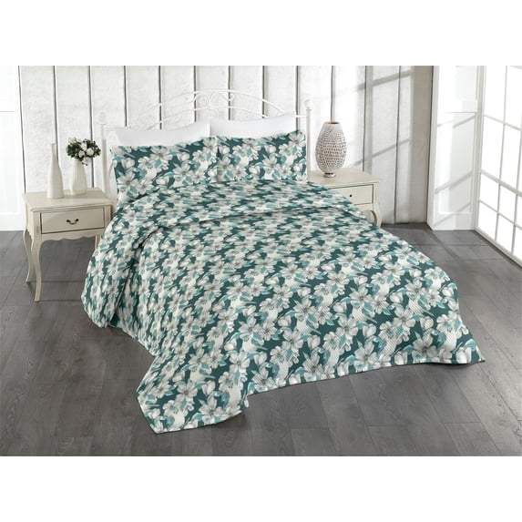 Ambesonne Bird Print Quilted Bedspread Set 3 Pcs, Goldfinch Floral Spring, Twin, Hunter Green and Pale Grey