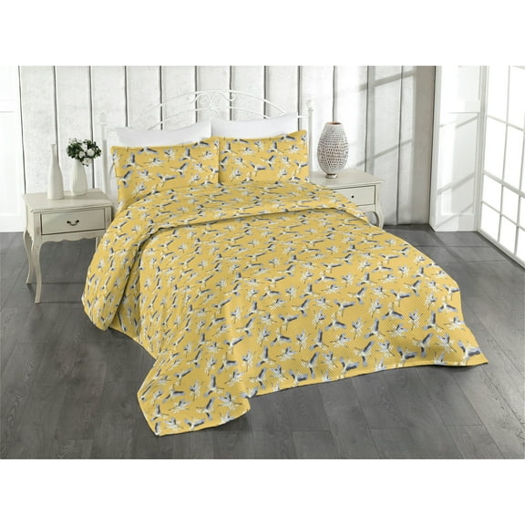 Ambesonne Bird Print Quilted Bedspread Set 3 Pcs, Japanese Crane Pattern, Twin, Pale Earth Yellow