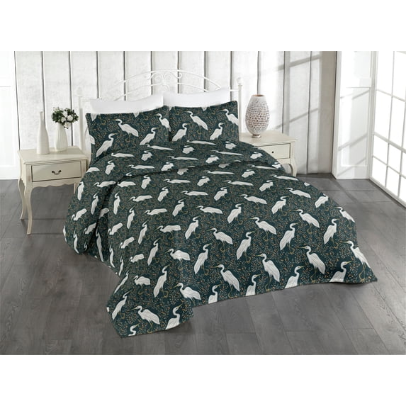 Ambesonne Bird Print Quilted Bedspread Set 3 Pcs, Nature Floral Branch Art, Twin, Hunter Green Ivory