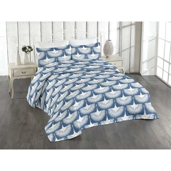 Ambesonne Bird Print Quilted Bedspread Set 3 Pcs, Simple Traditional Motif, Twin, Slate Blue and White