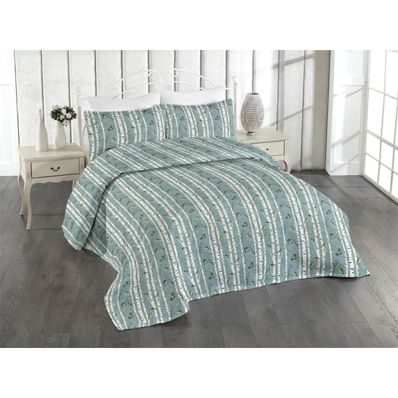 Ambesonne Bird Print Quilted Bedspread Set 3 Pcs, Winter Forest Snowy Art, Queen, Cadet Blue Yellow and Grey