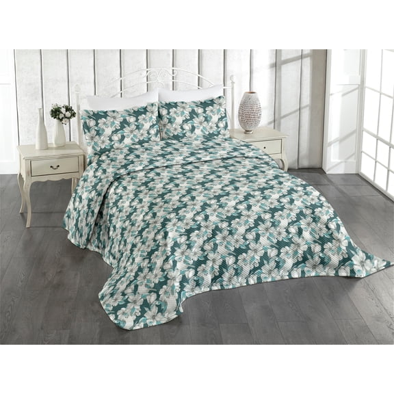 Ambesonne Bird Print Quilted Coverlet 2 Pcs, Goldfinch Floral Spring, Twin Size, Hunter Green and Pale Grey
