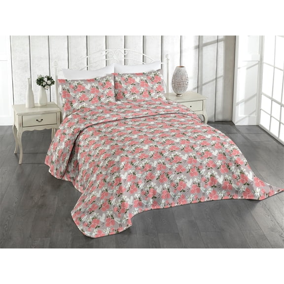 Ambesonne Bird Print Quilted Coverlet 2 Pcs, Romantic English Roses, Twin Size, Pale Mauve and Dried Rose