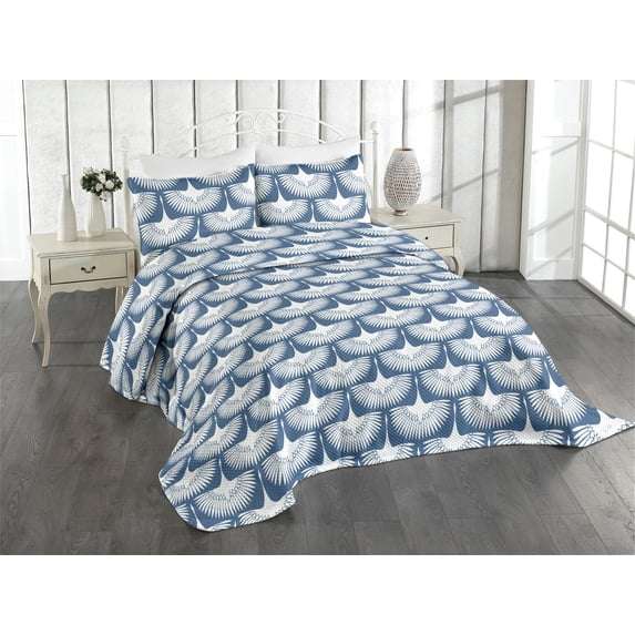 Ambesonne Bird Print Quilted Coverlet 2 Pcs, Simple Traditional Motif, Twin Size, Slate Blue and White