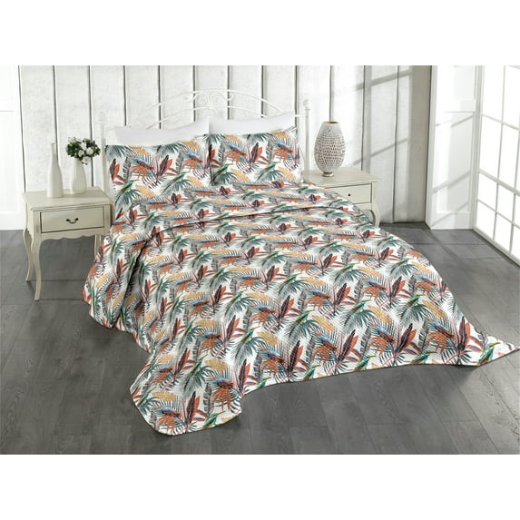 Ambesonne Bird Print Quilted Coverlet 3 Pcs, Art Jungle Leaves Summer, King Size, Dark Teal Cinnamon Rose