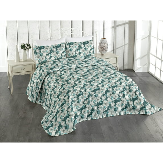 Ambesonne Bird Print Quilted Coverlet 3 Pcs, Goldfinch Floral Spring, Queen Size, Hunter Green and Pale Grey
