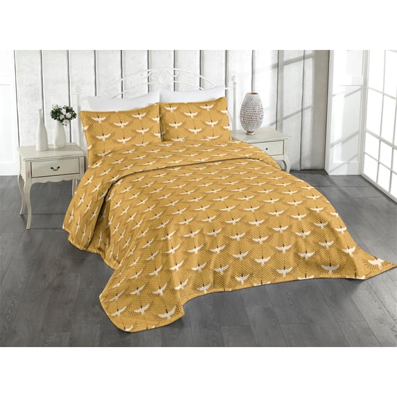 Ambesonne Bird Print Quilted Coverlet 3 Pcs, Vintage Wingy Silhouette, Queen Size, Apricot Ivory and Chocolate